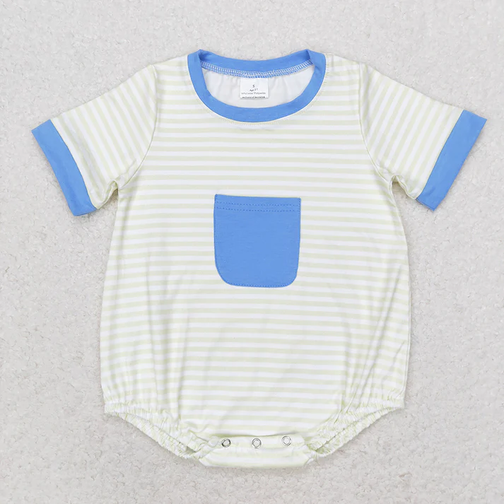RTS NO MOQ Baby Boys Blue Pocket Sibling Brother Rompers Clothes Sets