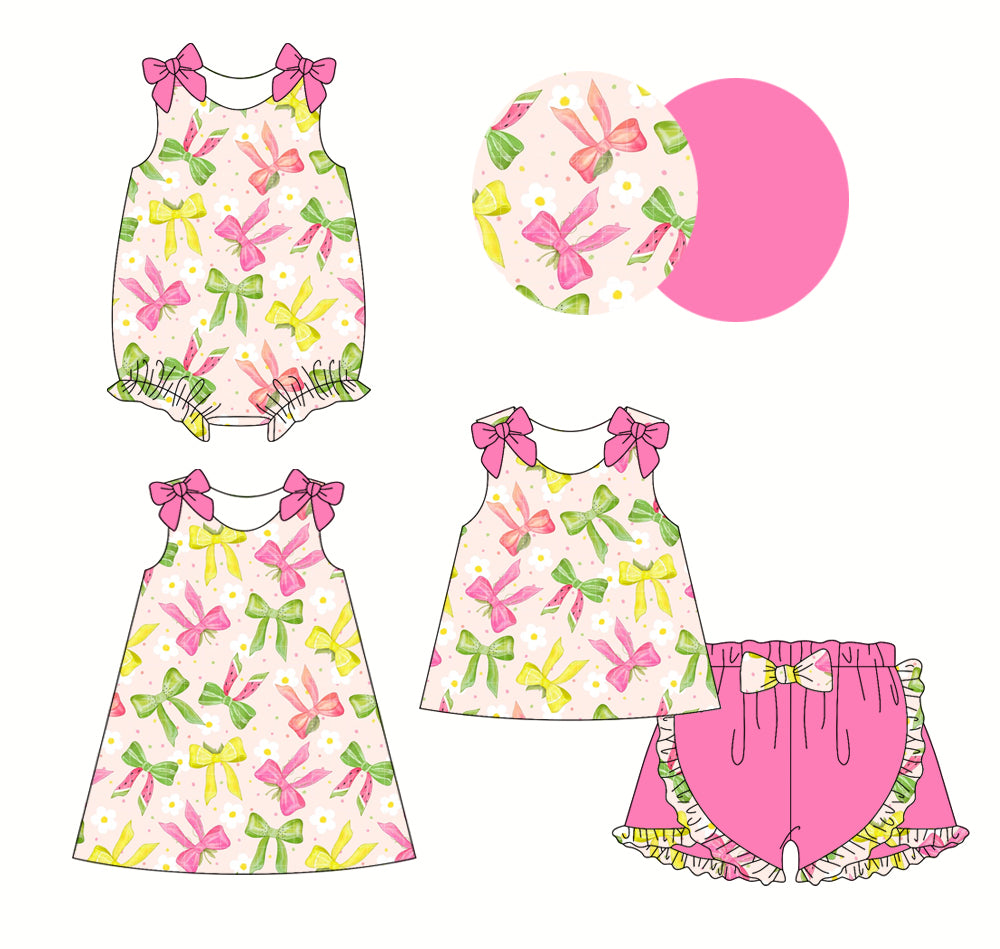 2.22 custom each style moq 5eta 4-6week Sibling Sisters bow baby girl short sleeve shorts sets and dress and rompers match family design