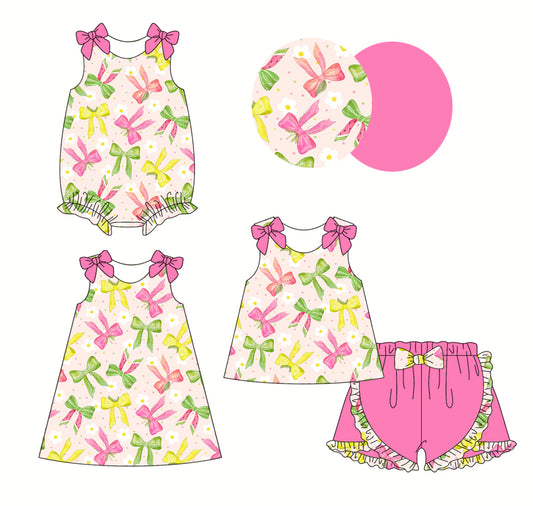2.22 custom each style moq 5eta 4-6week Sibling Sisters bow baby girl short sleeve shorts sets and dress and rompers match family design