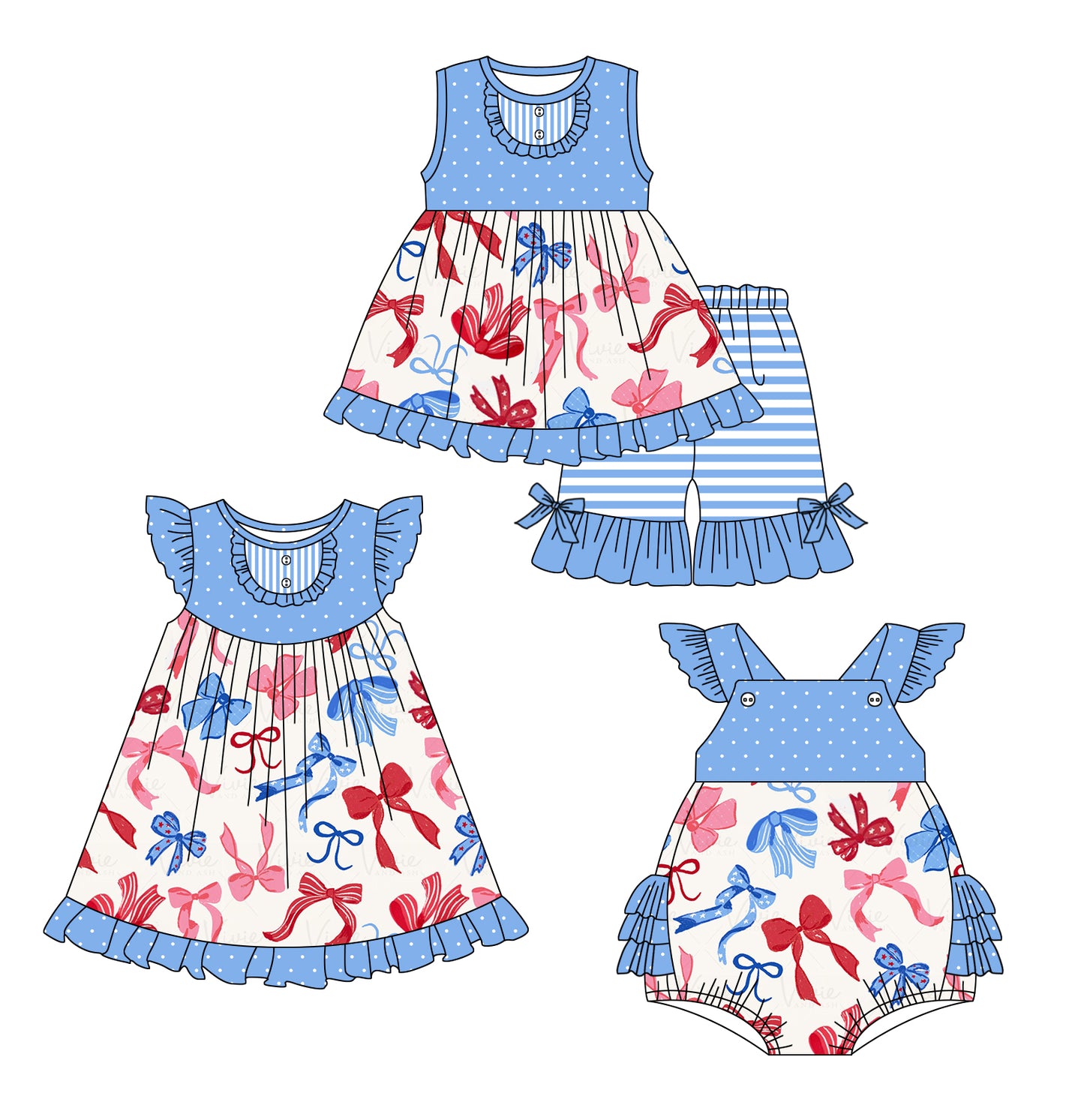2.19 custom each style moq 5eta 4-6week Sibling Sisters bow baby girl short sleeve shorts sets and dress and rompers match family design