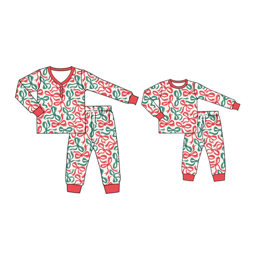 25.5.13 custom each style moq 5eta 4-6week Sibling Sister christmas bow long sleeve pants sets and adult sets match design