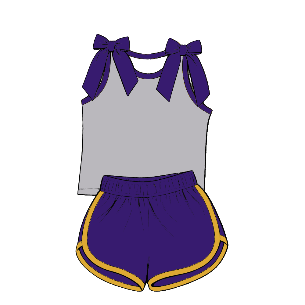 custom moq 5 mix size Baby Girls Bow Sleeveless Purple Top Shorts Summer Casual Clothes Set
