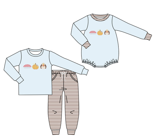 25.7.18 custom each style moq 5eta 4-6week Sibling Sister pumpkin turkey baby boy long sleeve pants sets and rompers match family design