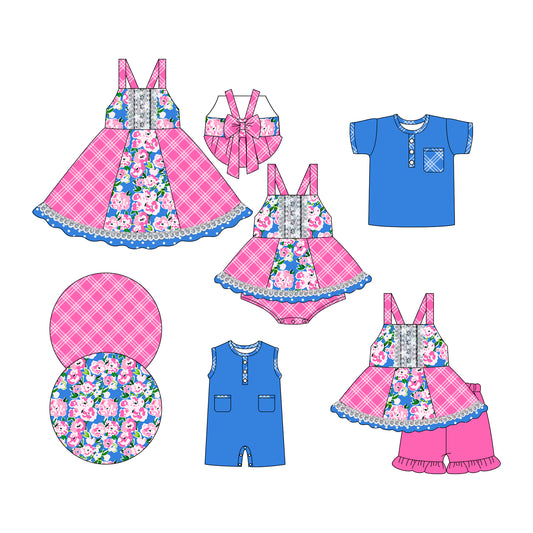 3.6 custom each style moq 5eta 4-6week Sibling Sisters floral baby girl short sleeve shorts sets and dress and rompers match family design