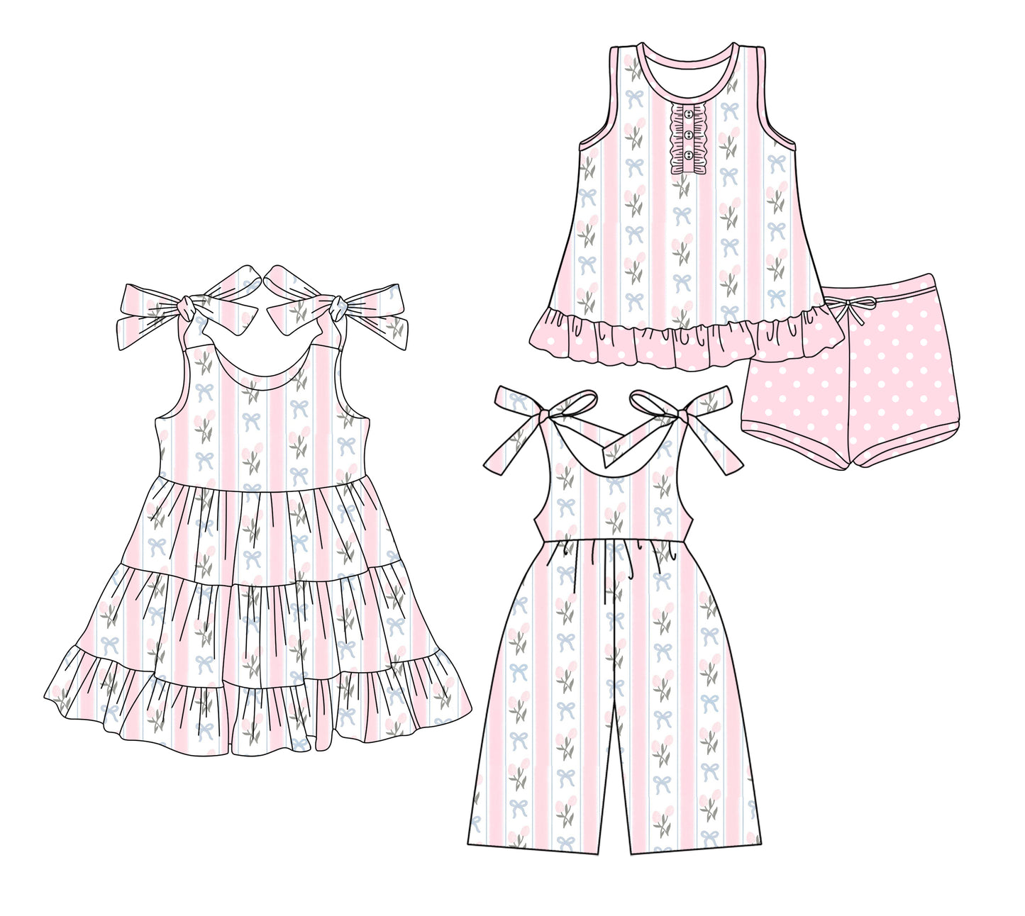 3.20 custom each style moq 5eta 4-6week Sibling Sister bow floral baby girl short sleeve shorts sets and dresses and jumpsuit match design