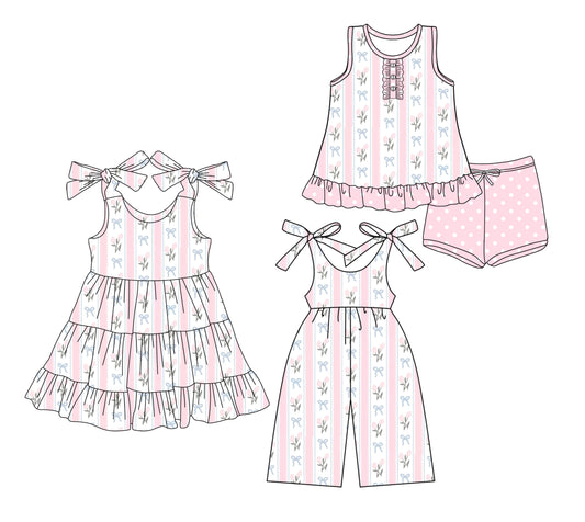 3.20 custom each style moq 5eta 4-6week Sibling Sister bow floral baby girl short sleeve shorts sets and dresses and jumpsuit match design