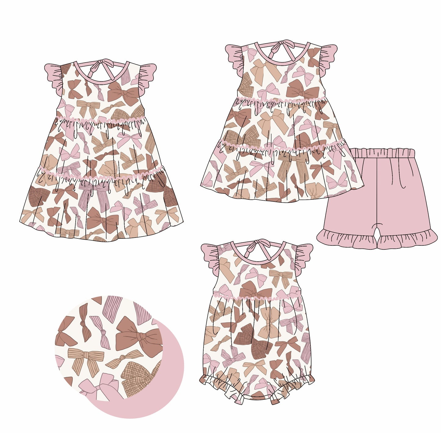 2.18 custom each style moq 5eta 4-6week Sibling Sisters bow baby girl short sleeve shorts sets and dress and rompers match family design