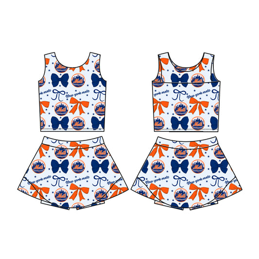 Custom moq 5 mix sizes summer teams baby girls clothes team bow blue short sleeve skirts shorts sets-25.6.20