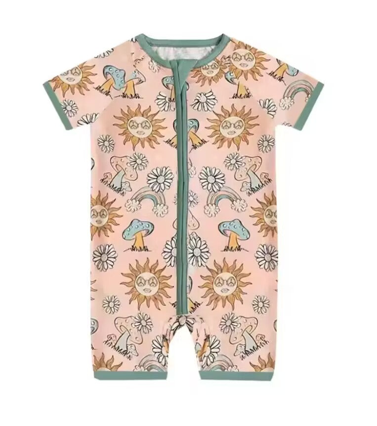 5.16custom each style moq 5eta 4-5week Sibling Sister sun rainbow print green boys outfits and baby romper match family design
