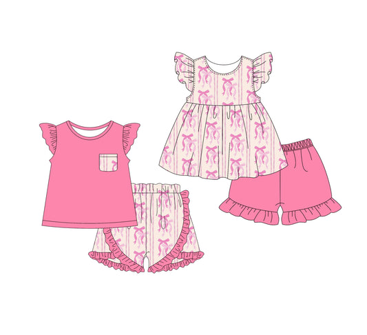 1.16 custom each style moq 5eta 4-6week Sibling Sister bow baby girl short sleeve shorts sets and dresses match design