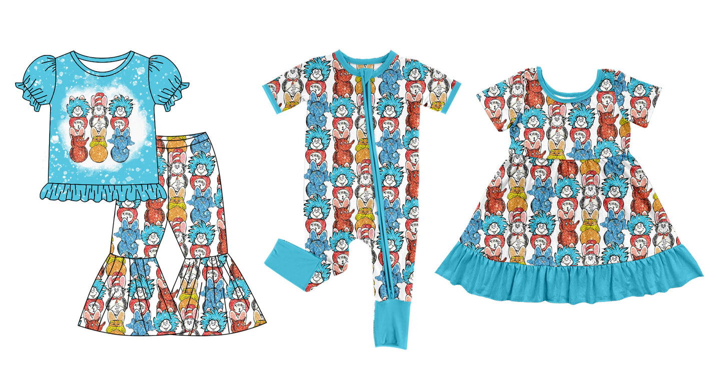 11.28 custom each style moq 5eta 4-6week Sibling Sister dr seuss baby girl sets and dress and rompers match family design