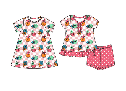 4.15 custom each style moq 5eta 4-6week Sibling Sister smiley floral baby girl short sleeve shorts sets and dresses match design