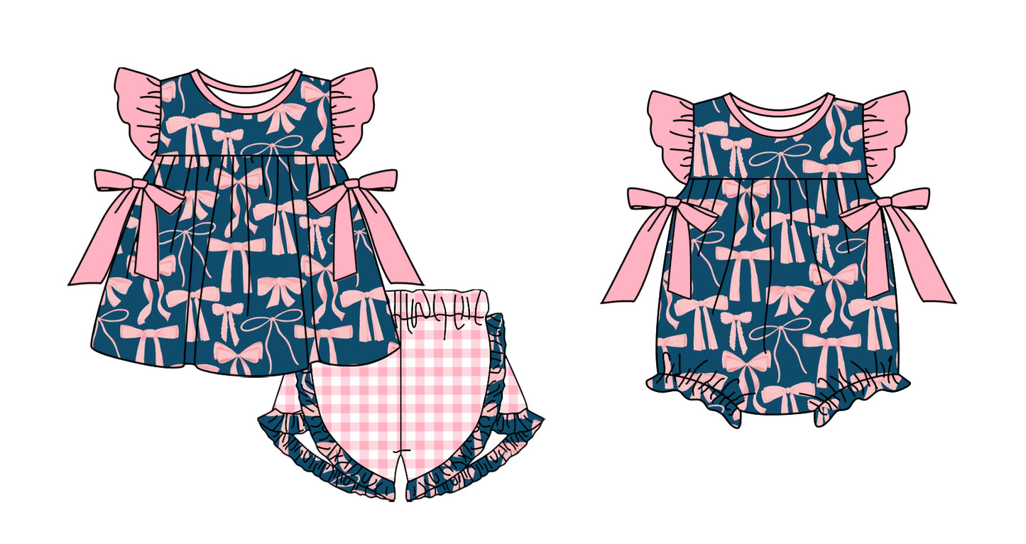 11.3 custom each style moq 5eta 4-6week Sibling Sister bow baby girl short sleeve shorts sets and rompers match design