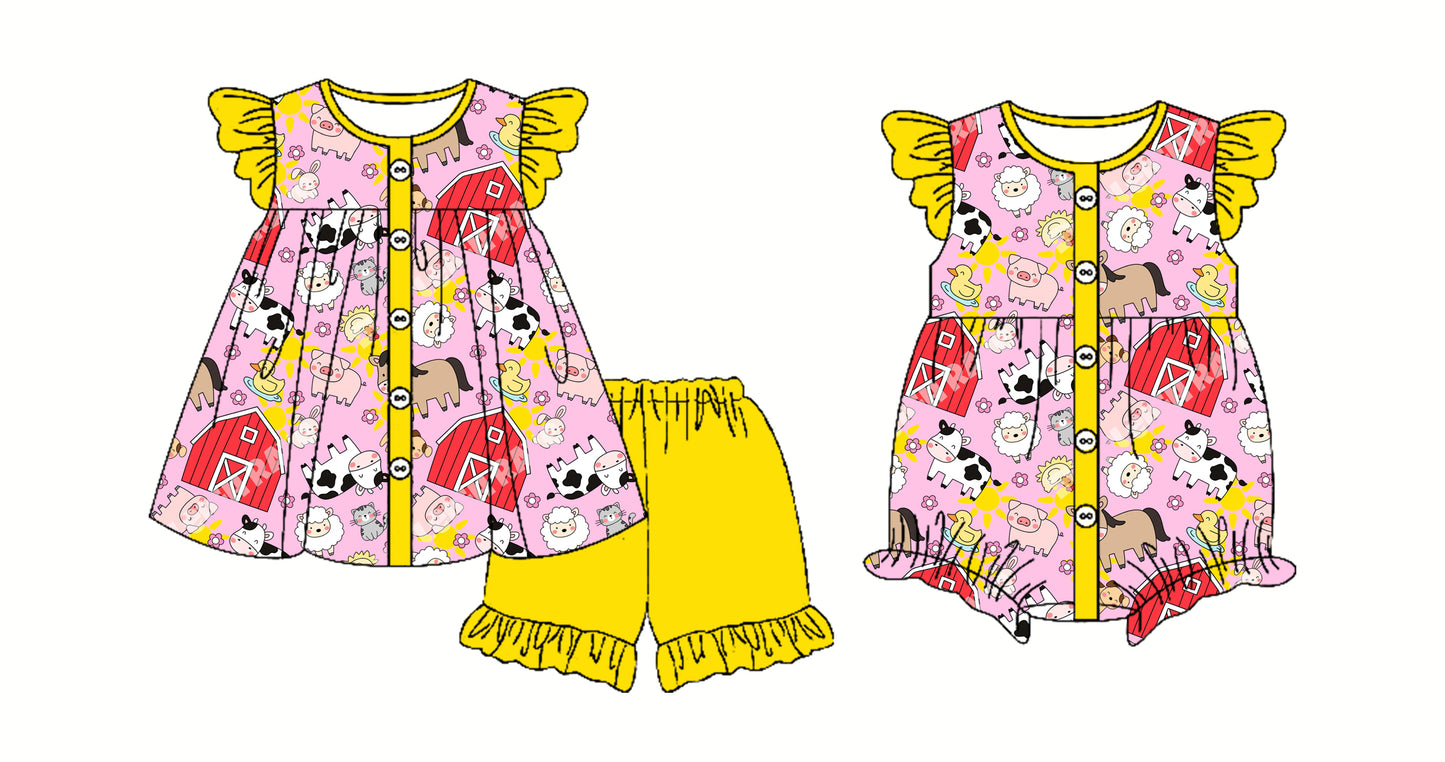 2.26 custom each style moq 5eta 4-6week Sibling Sister farm animal baby girl short sleeve shorts sets and romper match design