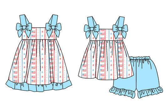 3.21 custom each style moq 5eta 4-6week Sibling Sister flag baby girl short sleeve shorts sets and dresses match design