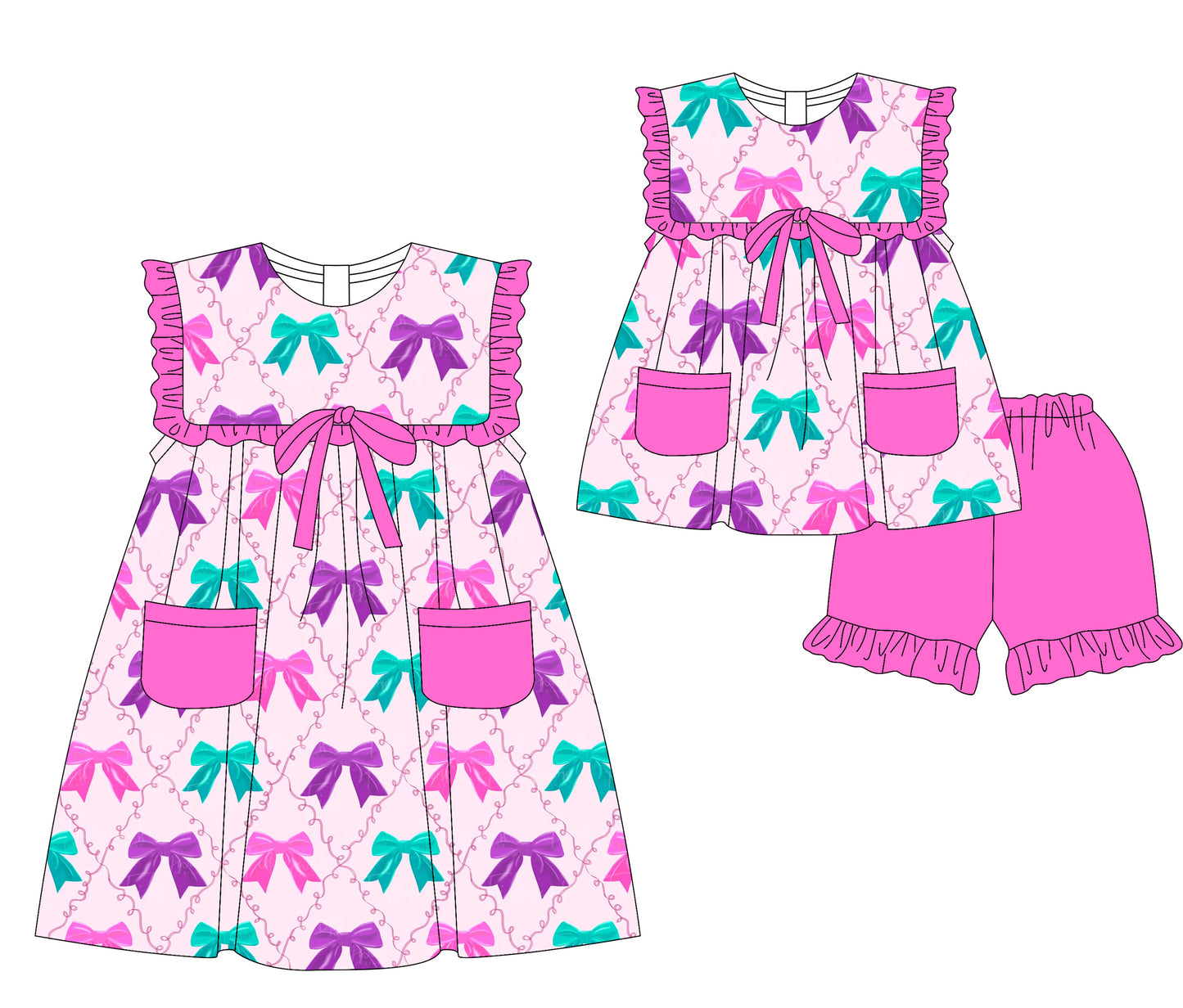 3.5 custom each style moq 5eta 4-6week Sibling Sister bow baby girl short sleeve shorts sets and dresses match design