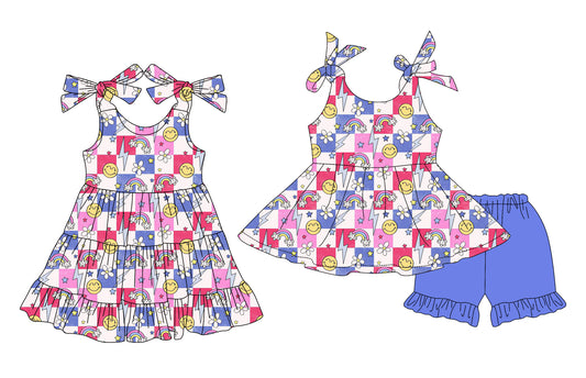 3.14 custom each style moq 5eta 4-6week Sibling Sister smiley floral baby girl short sleeve shorts sets and dresses match design