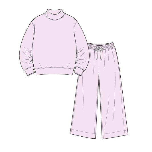 custom moq 5 mix size Baby Kids Solid Pale Lilac Long Sleeve Top Drawstring Pants Casual Daily Wear Set