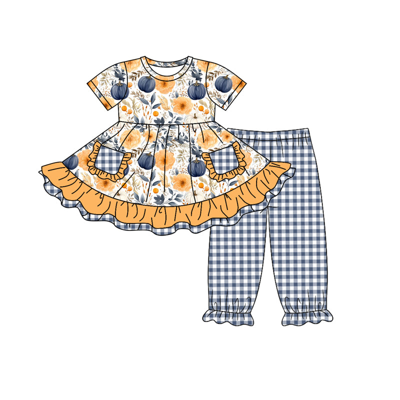 5.11custom each style moq 5eta 4-5week Sibling Sister flower pumpkin prints gold blue plaid girls set and baby romper and dress match family design