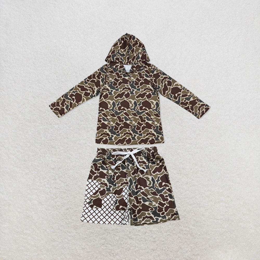 RTS NO MOQ Sibling milk silk Baby Boys Dark Khaki Camo Long Sleeve Hoodies Top Pocket Short Clothes Set