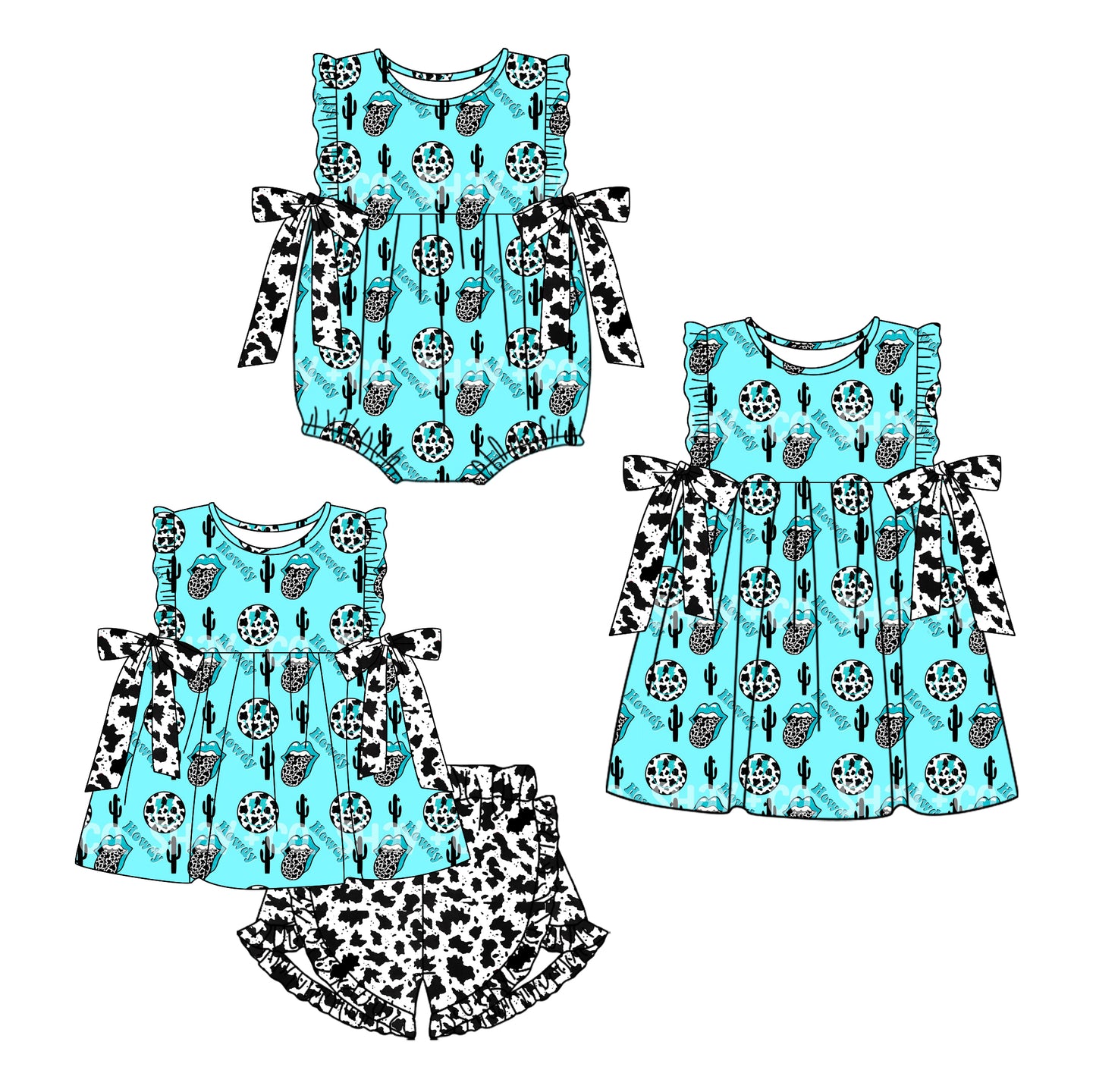 12.2 custom each style moq 5eta 4-6week Sibling Sister catcus baby girl short sleeve shorts sets and dress and rompers match family design