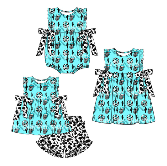 12.2 custom each style moq 5eta 4-6week Sibling Sister catcus baby girl short sleeve shorts sets and dress and rompers match family design