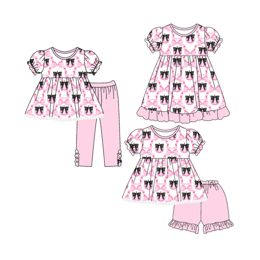 4.4 custom each style moq 5eta 4-6week Sibling Sisters bow baby girl short sleeve pants sets and shorts sets and dress match family design