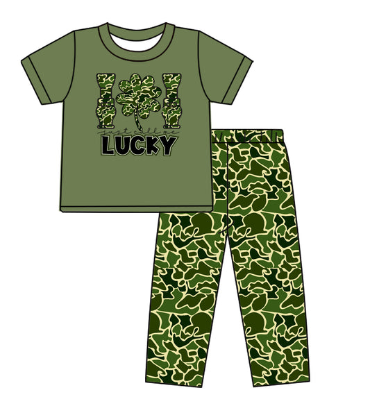 10.17 custom each style moq 5eta 4-6week baby boys clothes lucky green camouflage short sleeve pants sets