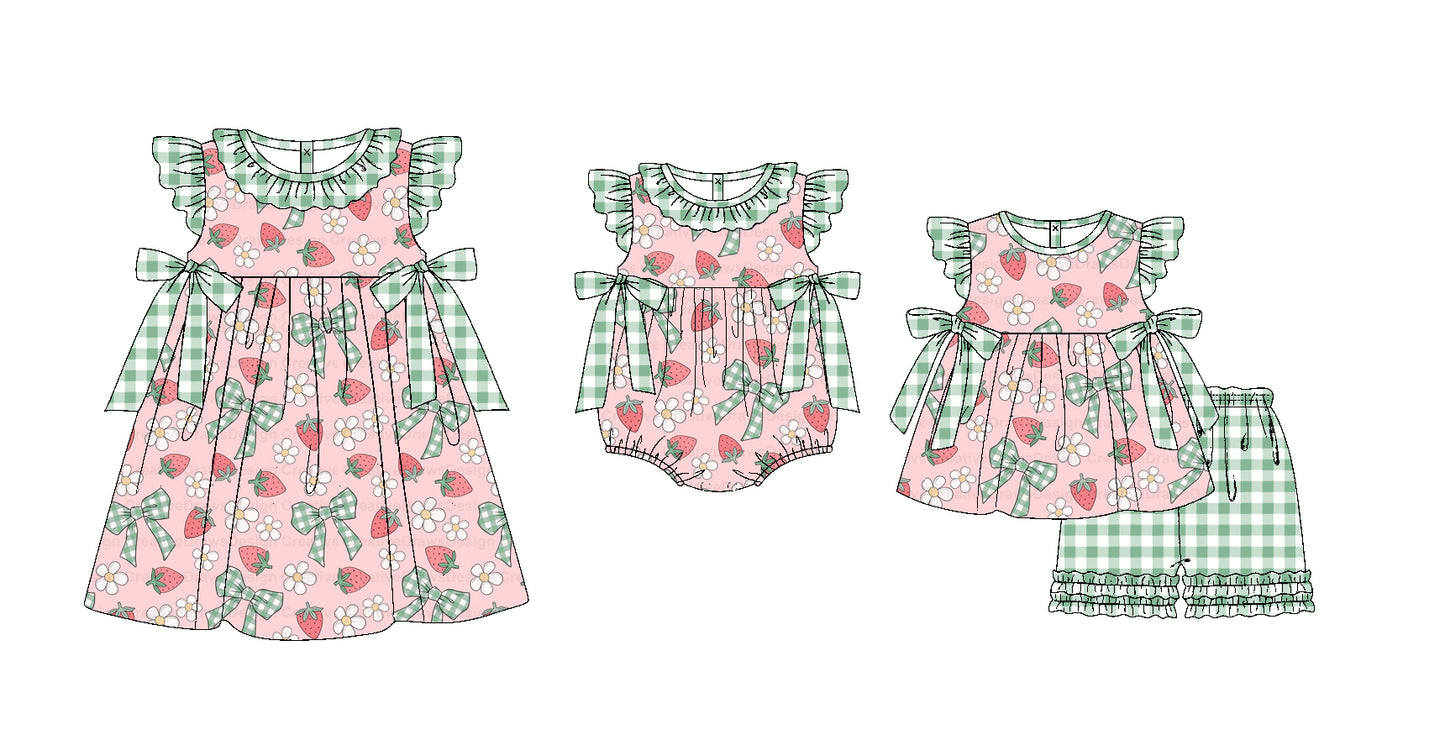 11.19 custom each style moq 5eta 4-6week Sibling Sister strawberry baby girl short sleeve shorts sets and dress and rompers match family design