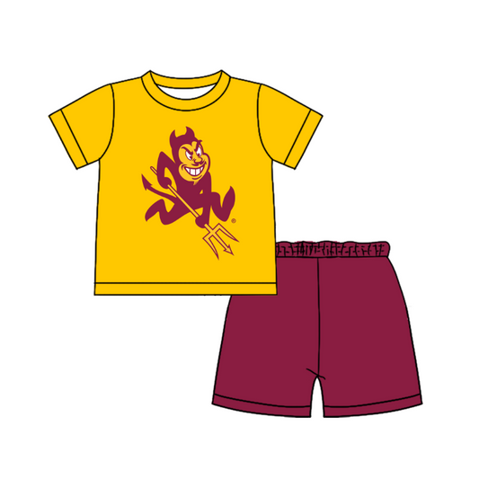 Custom moq 5 mix size milk silk summer teams Baby Boy's Yellow Short-Sleeved O-Neck Top And solid color Shorts Set