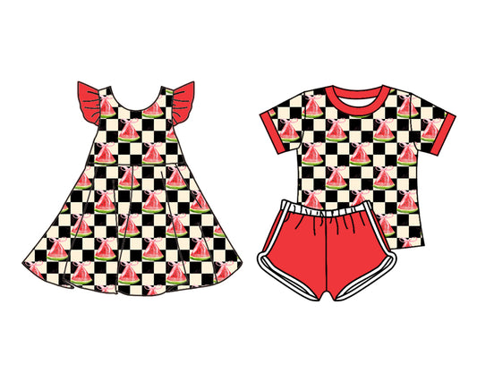 4.19 custom each style moq 5eta 4-6week Sibling Sister watermelon baby girl short sleeve shorts sets and dresses match design