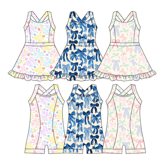 3.24 custom each style moq 5eta 4-6week Sibling Sister floral bow baby girls clothes Short sleeve yoga dress and yoga jumpsuit match family design