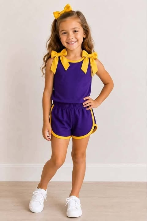 custom moq 5 mix size Baby Girls Purple Yellow Trim Bow Strap Sleeveless Tank Top And Shorts Two Piece Summer Outfit Set