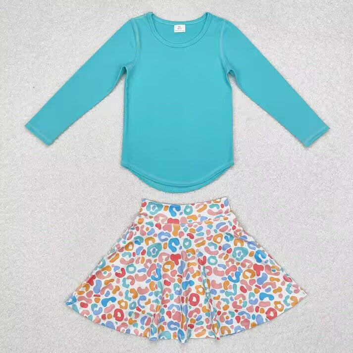 RTS NO MOQ Solid color yoga top & colorful leopard print pants skirt set