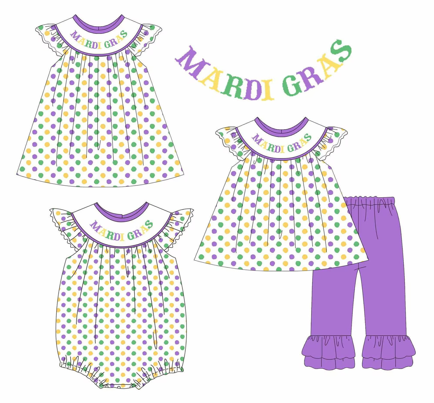 Custom moq 5 each style eta 6-7weeks baby girl clothes MARDI GRAS short sleeve pant sets and romper and dress -25.9.4
