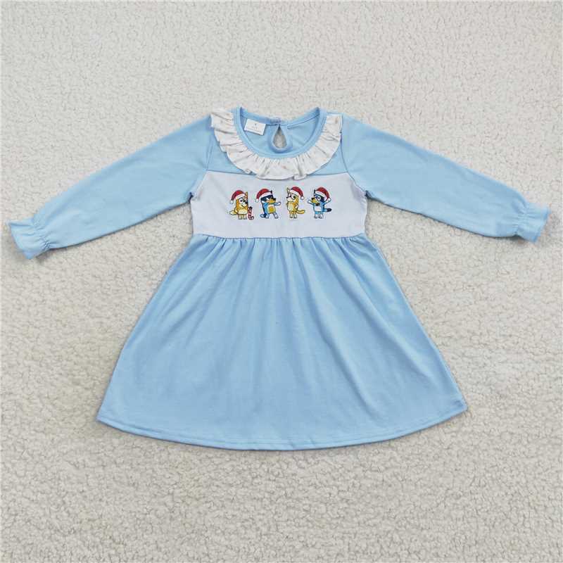 RTS NO MOQ（In Stock) GLD0328 Embroidered Christmas blue long-sleeved dress