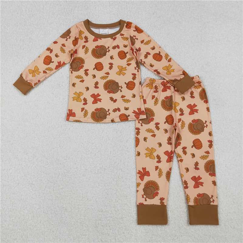 Baby Thanksgiving Turkey Pumpkin Leaf Print Zipper Romper & Kids Long Sleeve Pj Set Collection