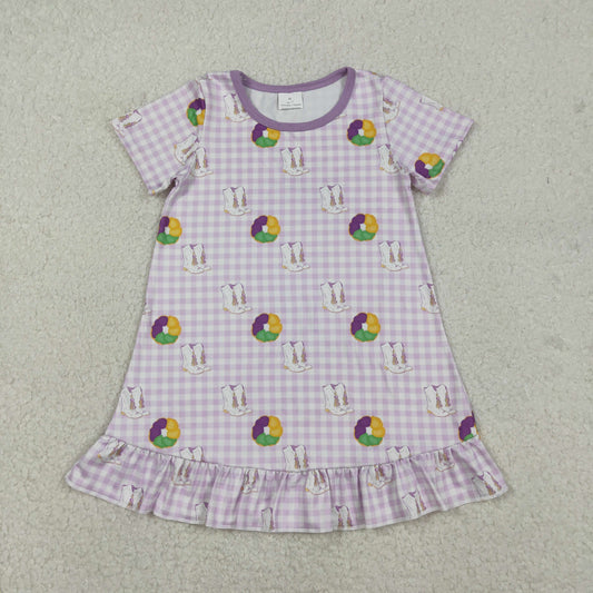 RTS NO MOQ（In Stock) Carnival Boots Purple Plaid Short-Sleeve Dress
