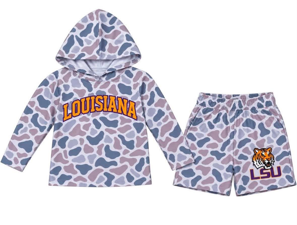 NEW RTS NO MOQ milk silk BLS0045 Baby Boys Grey Camo Letter Print Long Sleeve Hoodie Casual Shorts Team Set