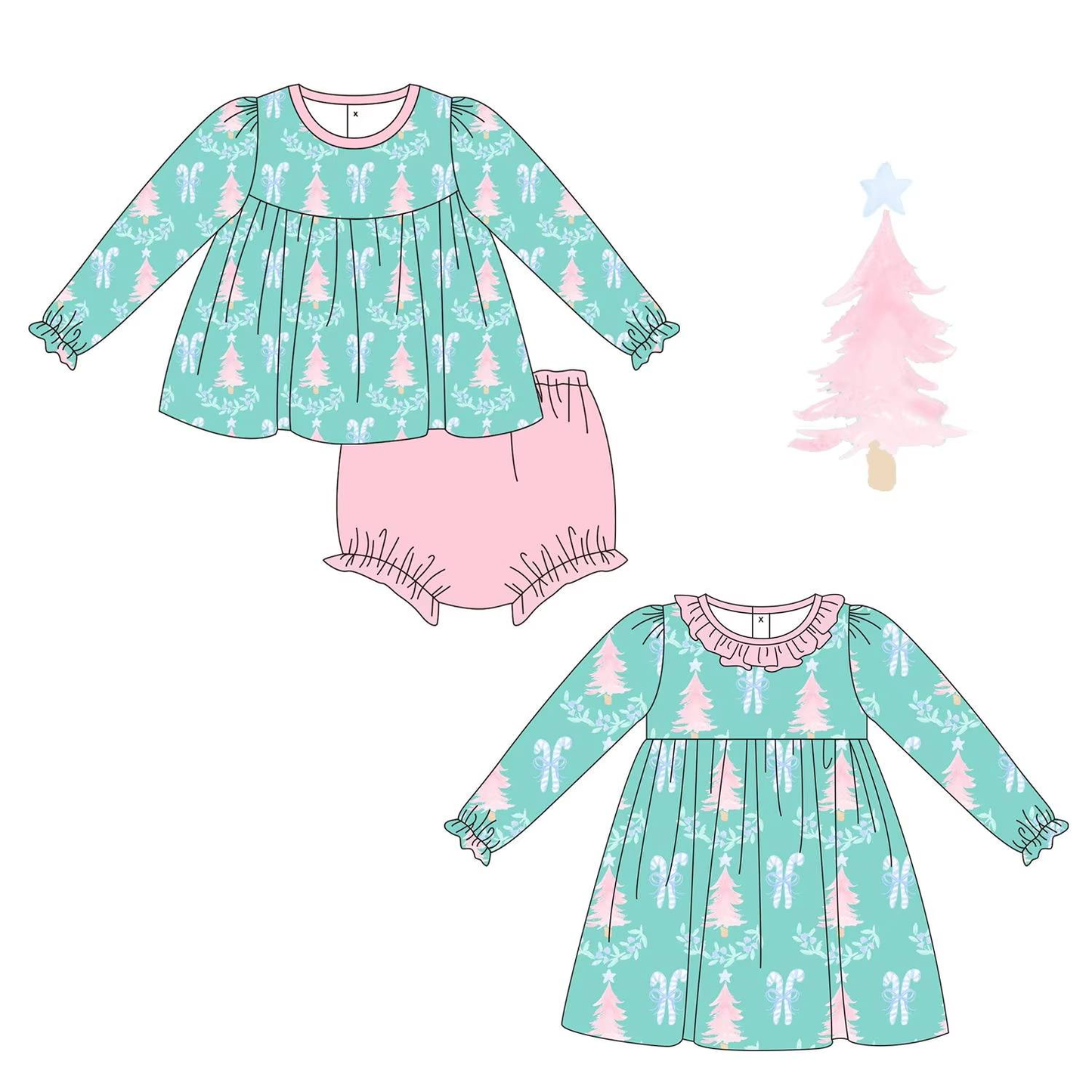 Custom moq 5 each style eta 6-7weeks baby girl clothes Christmaa trees long sleeve brief set and dress-25.8.25