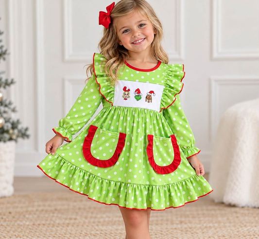 GLD0217 Christmas cartoon girl embroidery  dog polka dot green lace long sleeve dress