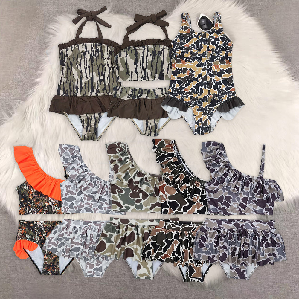 RTS NO MOQ baby girl clothes camouflage Short Skirt Set & Swimsuit