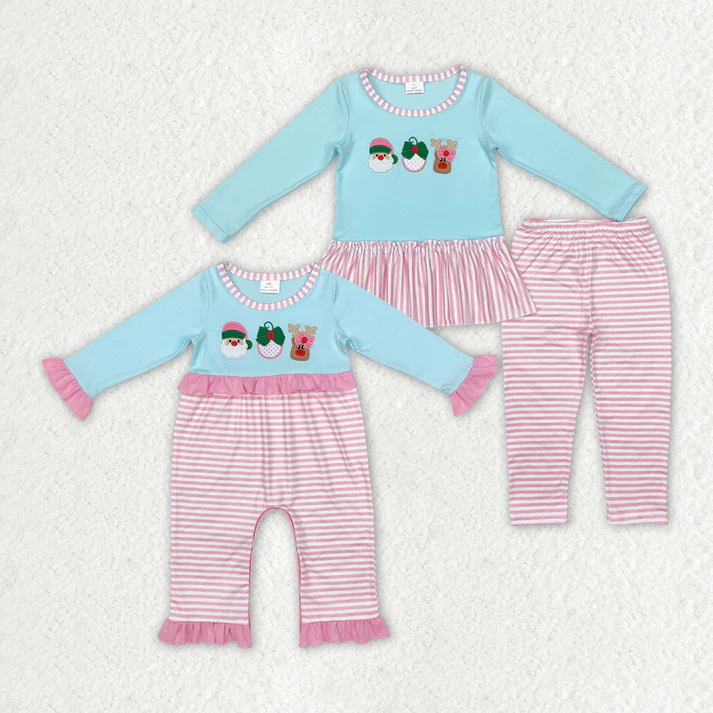 RTS NO MOQ Embroidered Santa Claus-Bell-Elk Pattern Sky Blue Splicing Pink Striped Romper & Long Sleeve Pants Set for Baby Girls