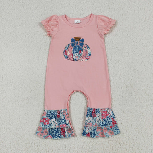 RTS NO MOQ（In Stock) SR3112 Embroidered flower bow pumpkin pink short-sleeved jumpsuit