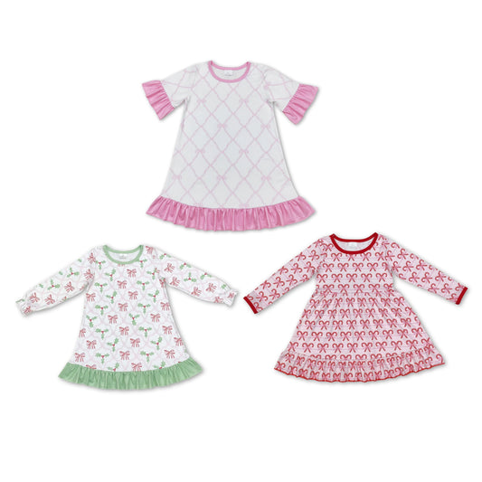 RTS NO MOQ Pink bow short-sleeved dress & green bow long-sleeved dress & red striped cane long-sleeved dress