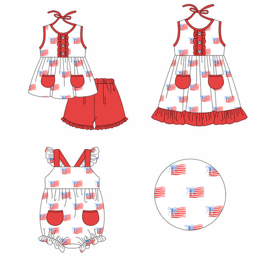 11.26 custom each style moq 5eta 4-6week Sibling Sister 4th of july baby girl short sleeve shorts sets and dress and rompers match family design