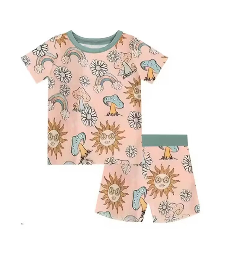 5.16custom each style moq 5eta 4-5week Sibling Sister sun rainbow print green boys outfits and baby romper match family design