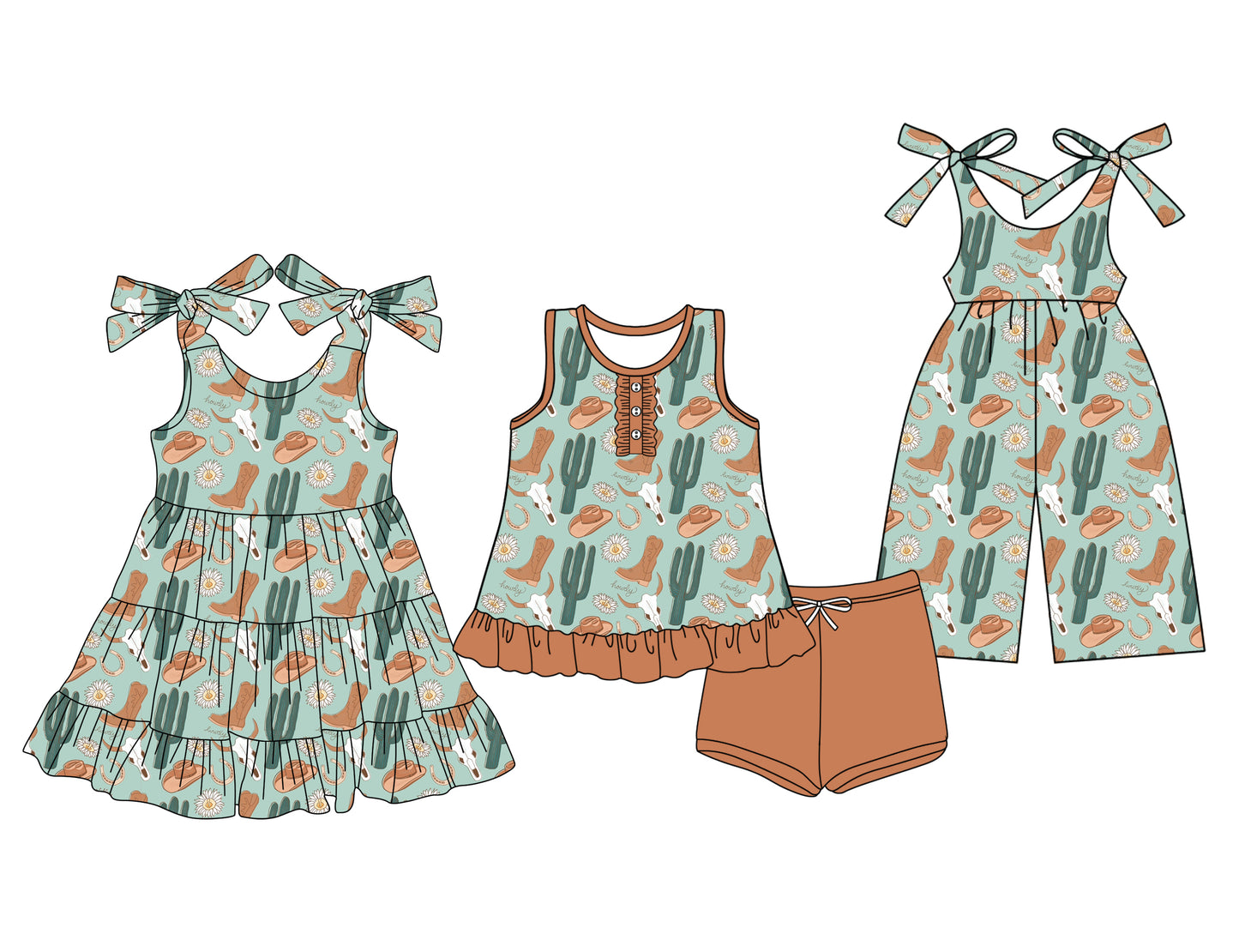3.14 custom each style moq 5eta 4-6week Sibling Sister boot catcus cow head baby girl short sleeve shorts sets and dresses and jumpsuit match design