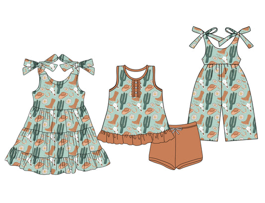 3.14 custom each style moq 5eta 4-6week Sibling Sister boot catcus cow head baby girl short sleeve shorts sets and dresses and jumpsuit match design