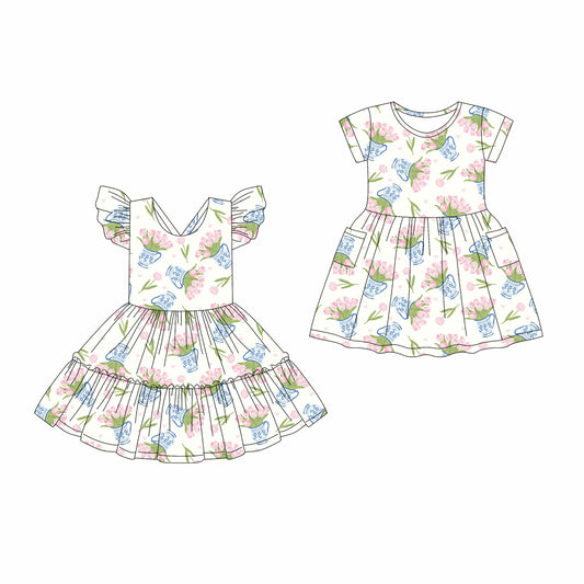 4.17 custom each style moq 5eta 4-6week Sibling Sister floral baby girls clothes Short sleeve dress 1 and dress 2 match family design